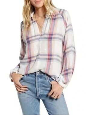 Rails (Nordstrom) White Plaid Shirt with Pink, Blue Stripes and Metallic Accents